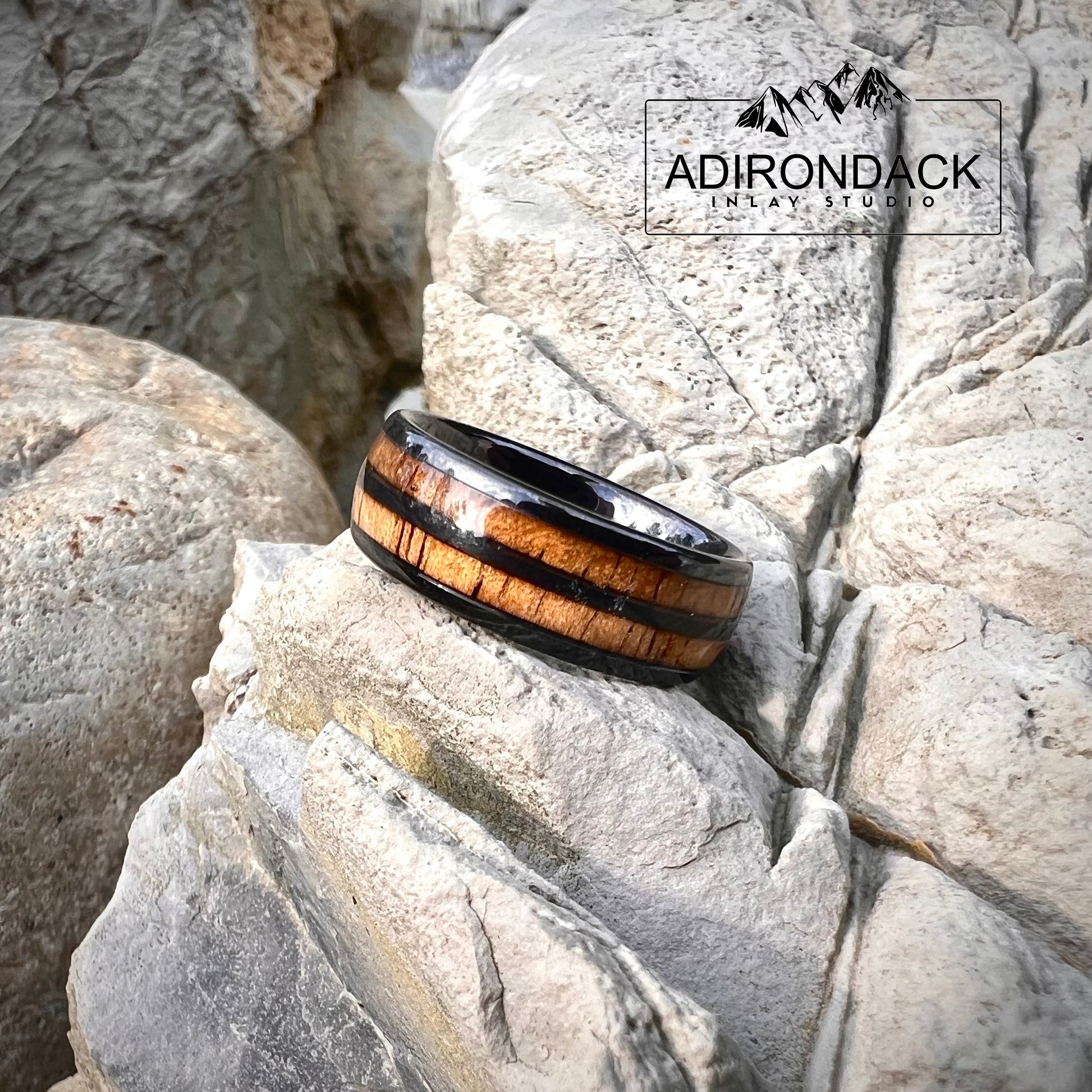 8mm Double Channel Black Zirconia Band,  Koa Wood ring, Wood Inlay ring, Wood Band, Nature Inspired Ring, Wood Mens ring, Wood Womans Ring, Wood Wedding Band - Premium Custom Jewelry from Adirondack Inlay Studio LLC - Just $119! Shop now at Adirondack Inlay Studio LLC