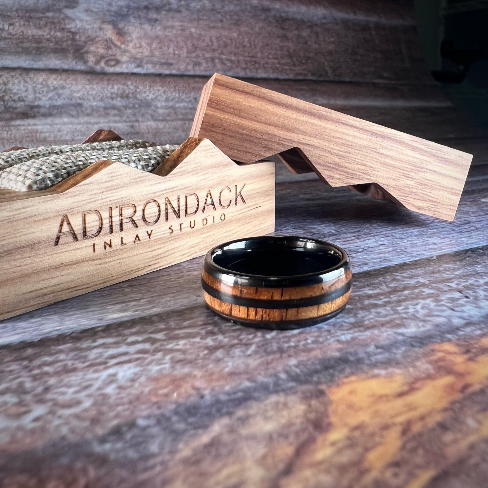 8mm KOA WOOD DOUBLE CHANNEL RING - BLACK ZIRCONIA CERAMIC BAND - Premium Custom Jewelry from Adirondack Inlay Studio LLC - Just $124! Shop now at Adirondack Inlay Studio LLC