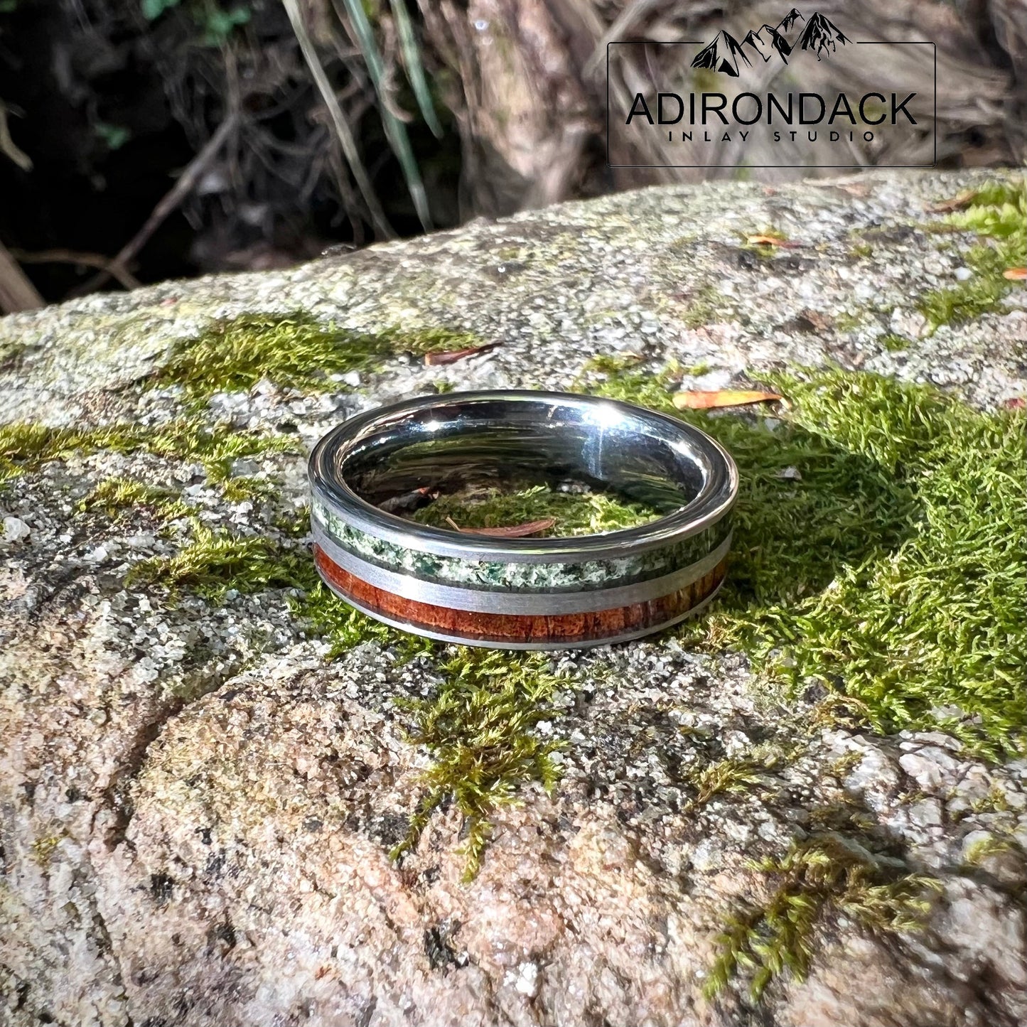 6mm Double Channel Tungsten Band, Moss Agate and Koa Wood Band, Moss Agate ring, Wood Ring, Gemstone Inlay ring, Wood band, Mens Ring, Womans Ring, Wedding Band - Premium Custom Jewelry from Adirondack Inlay Studio LLC - Just $119! Shop now at Adirondack Inlay Studio LLC