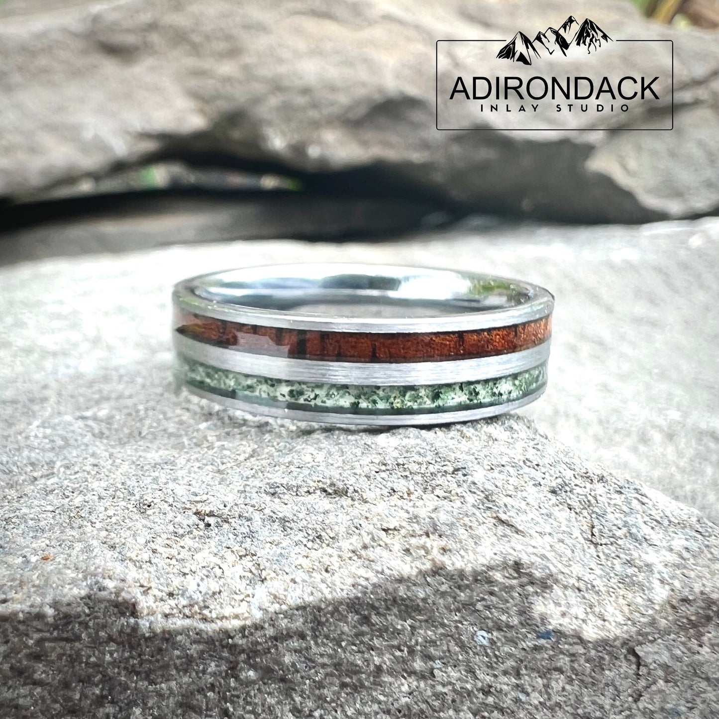 6mm Double Channel Tungsten Band, Moss Agate and Koa Wood Band, Moss Agate ring, Wood Ring, Gemstone Inlay ring, Wood band, Mens Ring, Womans Ring, Wedding Band - Premium Custom Jewelry from Adirondack Inlay Studio LLC - Just $119! Shop now at Adirondack Inlay Studio LLC