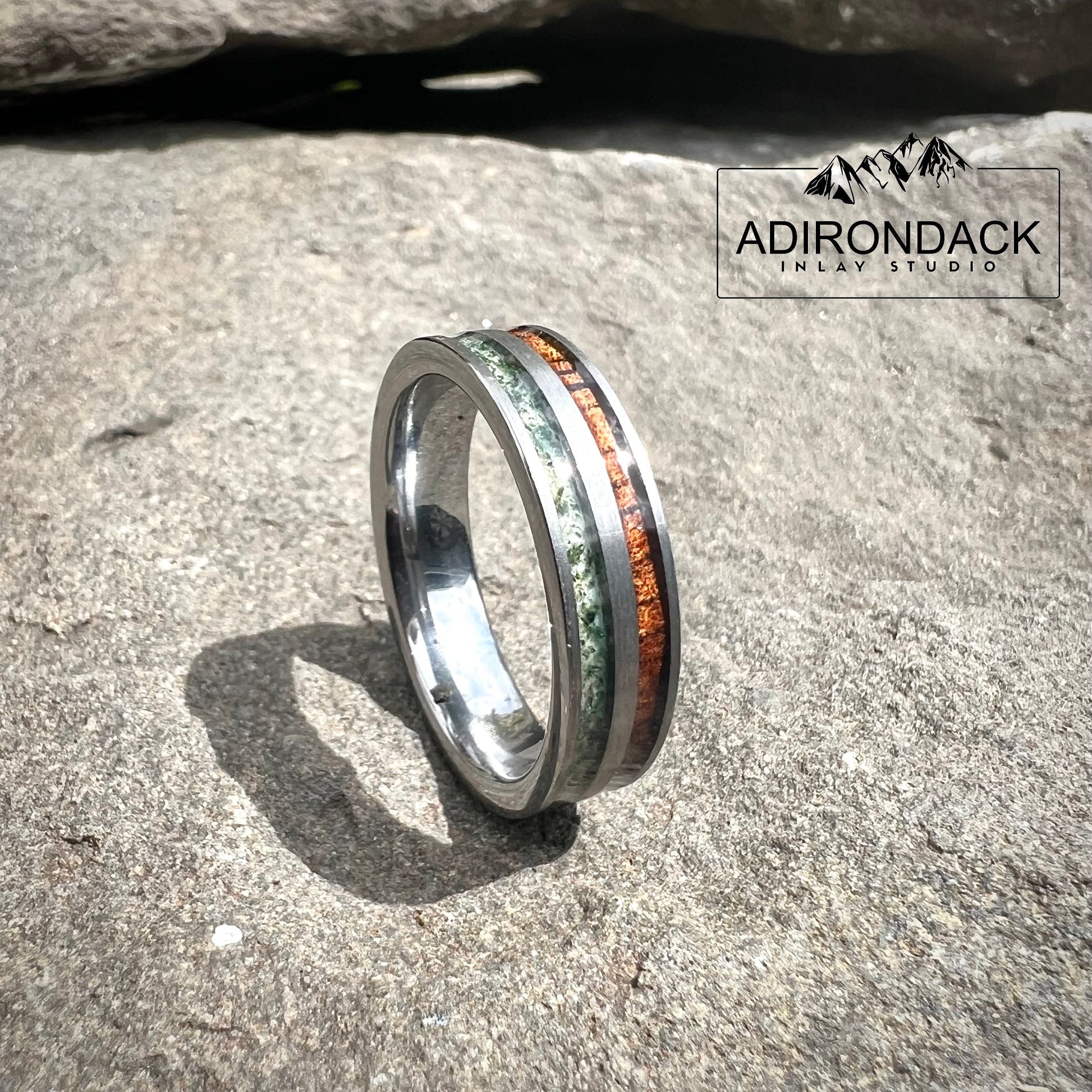 6mm Double Channel Tungsten Band, Moss Agate and Koa Wood Band, Moss Agate ring, Wood Ring, Gemstone Inlay ring, Wood band, Mens Ring, Womans Ring, Wedding Band - Premium Custom Jewelry from Adirondack Inlay Studio LLC - Just $124! Shop now at Adirondack Inlay Studio LLC