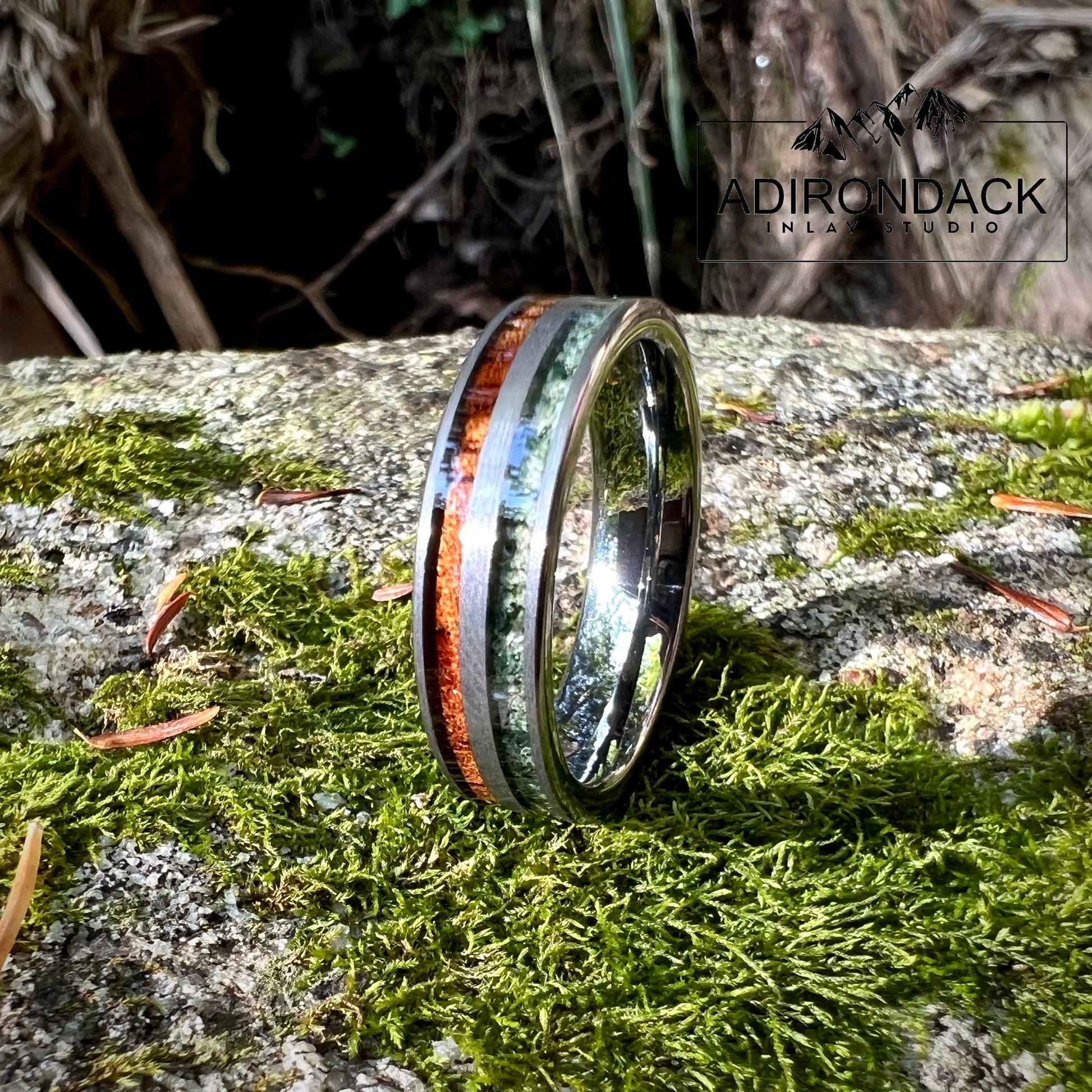 6mm Double Channel Tungsten Band, Moss Agate and Koa Wood Band, Moss Agate ring, Wood Ring, Gemstone Inlay ring, Wood band, Mens Ring, Womans Ring, Wedding Band - Premium Custom Jewelry from Adirondack Inlay Studio LLC - Just $119! Shop now at Adirondack Inlay Studio LLC