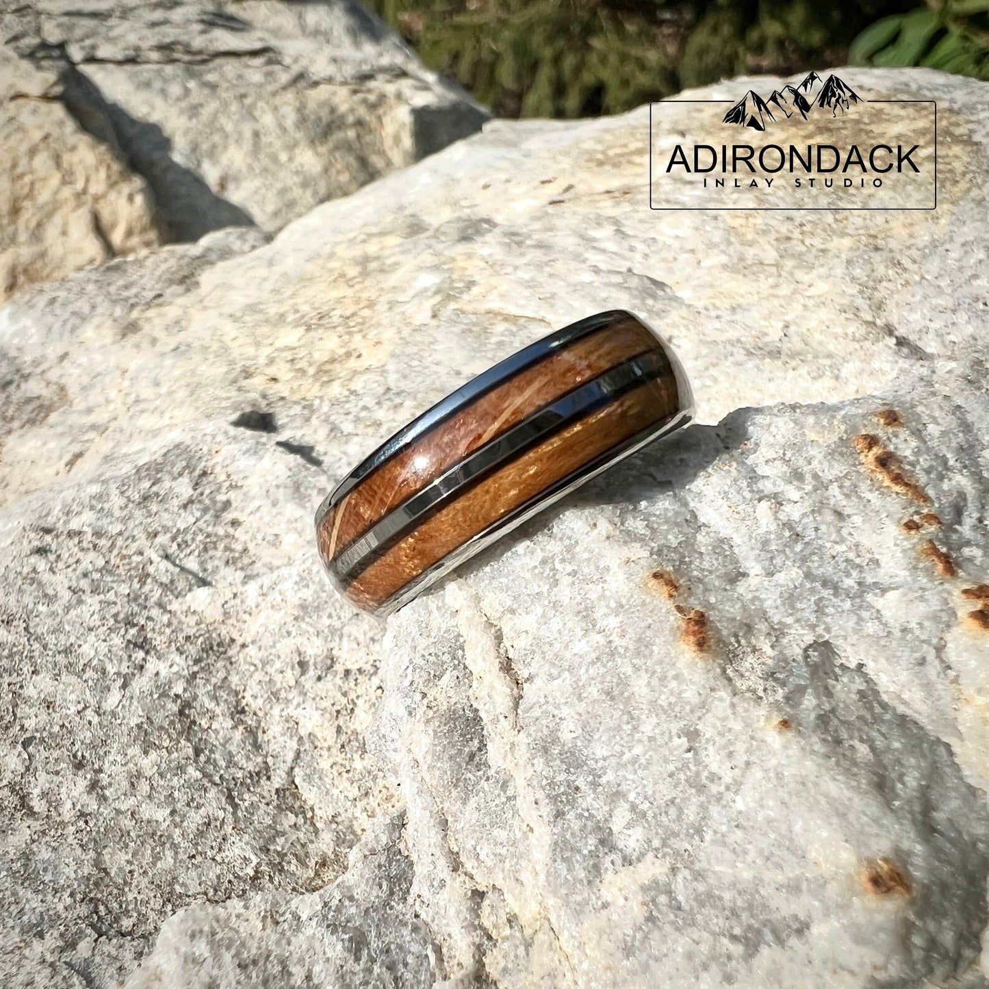 8mm Double Channel Tungsten Band, Whisky Wood Band, Whisky Barrel ring, Whisky Ring, Wood Inlay ring, wood band, Mens Ring, Womans Ring, Wood Wedding Band - Premium Custom Jewelry from Adirondack Inlay Studio LLC - Just $124! Shop now at Adirondack Inlay Studio LLC