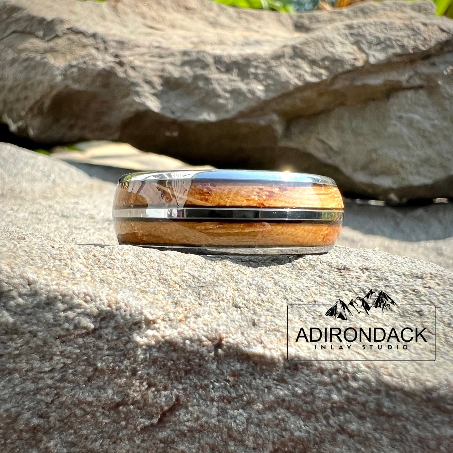 8mm Double Channel Tungsten Band, Whisky Wood Band, Whisky Barrel ring, Whisky Ring, Wood Inlay ring, wood band, Mens Ring, Womans Ring, Wood Wedding Band - Premium Custom Jewelry from Adirondack Inlay Studio LLC - Just $119! Shop now at Adirondack Inlay Studio LLC