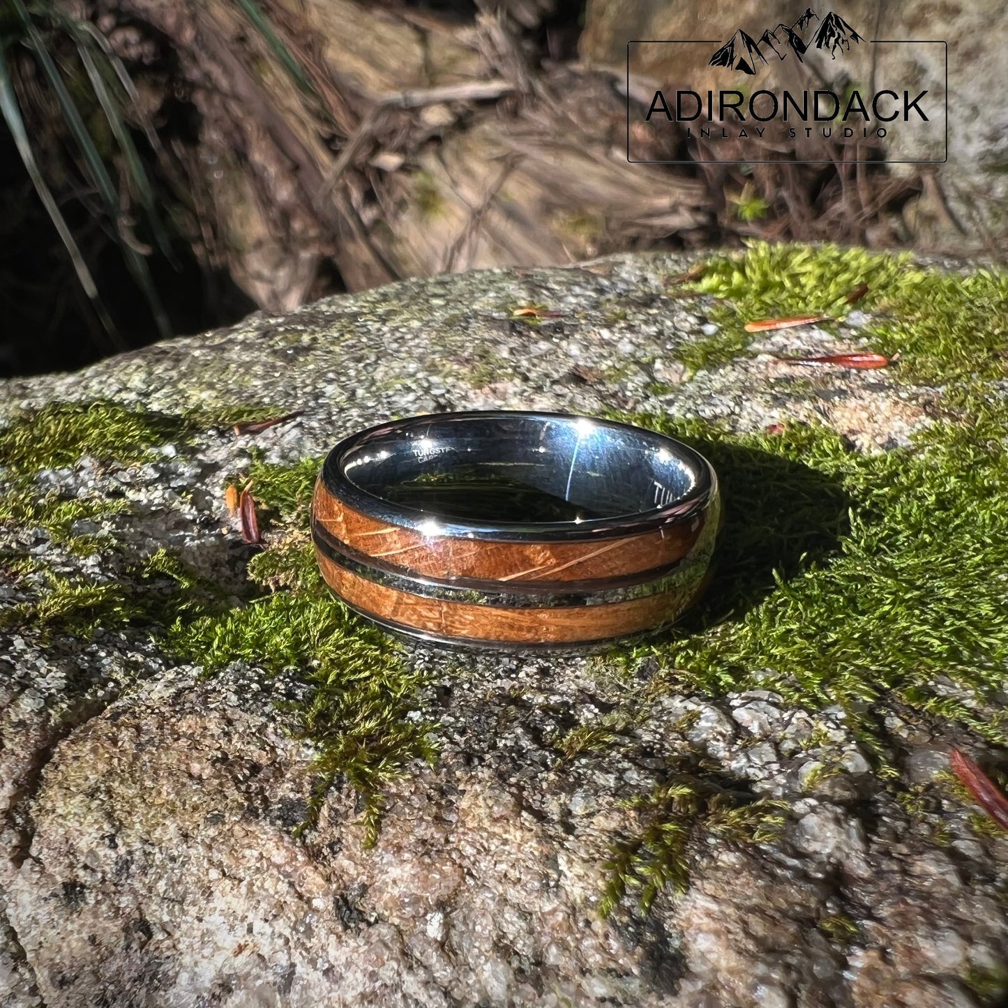 8mm Double Channel Tungsten Band, Whisky Wood Band, Whisky Barrel ring, Whisky Ring, Wood Inlay ring, wood band, Mens Ring, Womans Ring, Wood Wedding Band - Premium Custom Jewelry from Adirondack Inlay Studio LLC - Just $119! Shop now at Adirondack Inlay Studio LLC