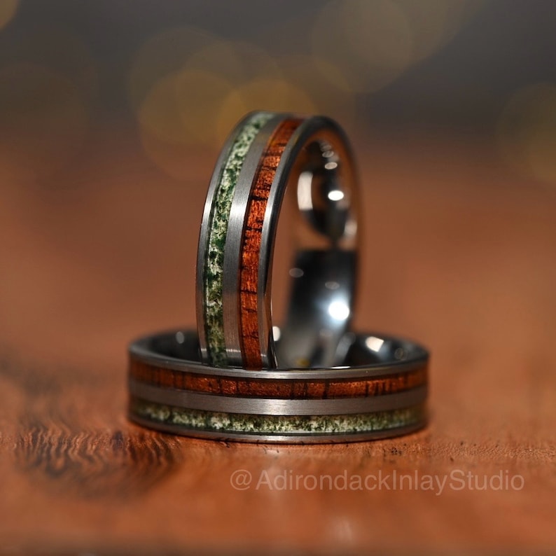 6mm Double Channel Tungsten Band, Moss Agate and Koa Wood Band, Moss Agate ring, Wood Ring, Gemstone Inlay ring, Wood band, Mens Ring, Womans Ring, Wedding Band - Premium Custom Jewelry from Adirondack Inlay Studio LLC - Just $119! Shop now at Adirondack Inlay Studio LLC