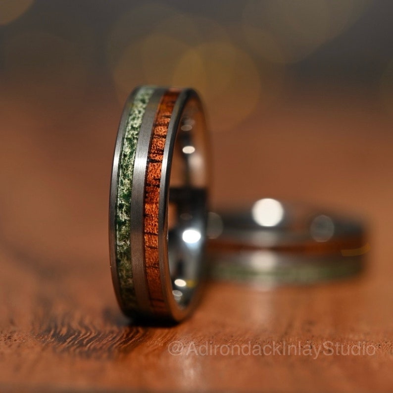 6mm Double Channel Tungsten Band, Moss Agate and Koa Wood Band, Moss Agate ring, Wood Ring, Gemstone Inlay ring, Wood band, Mens Ring, Womans Ring, Wedding Band - Premium Custom Jewelry from Adirondack Inlay Studio LLC - Just $119! Shop now at Adirondack Inlay Studio LLC