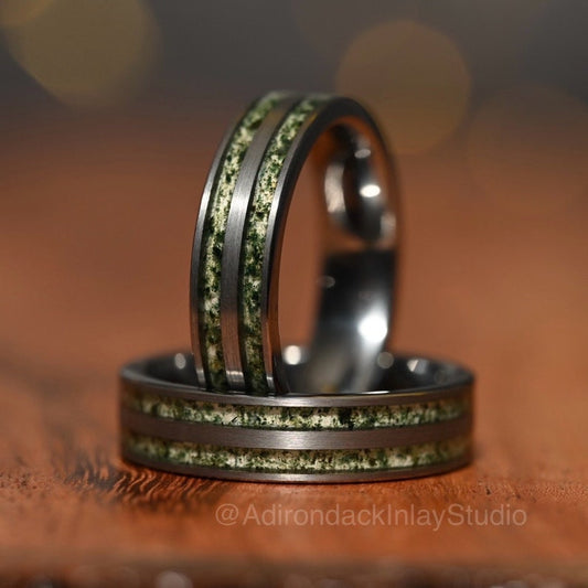 6mm Double Channel Tungsten Band, Moss Agate Band, Moss Agate ring, Agate Ring, Gemstone Inlay ring, Agate band, Mens Ring, Womans Ring, Wedding Band - Premium Custom Jewelry from Adirondack Inlay Studio LLC - Just $119! Shop now at Adirondack Inlay Studio LLC