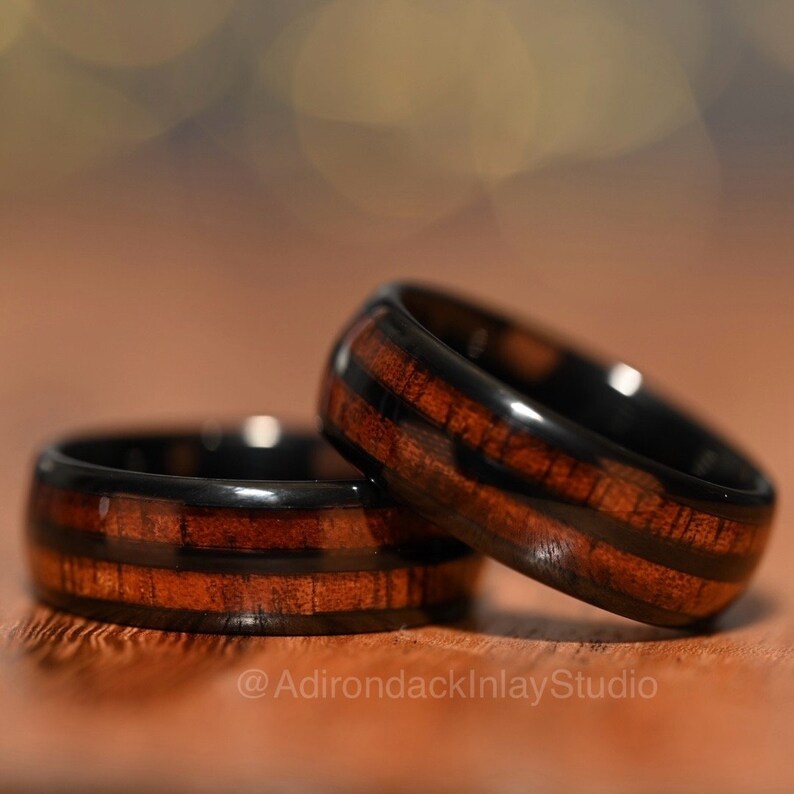 8mm Double Channel Black Tungsten Band, Koa Wood ring, Wood Inlay ring, wood band, nature inspired ring, Wood Mens ring, Wood Womans Ring, Nature Wedding Ring - Premium Custom Jewelry from Adirondack Inlay Studio LLC - Just $119! Shop now at Adirondack Inlay Studio LLC