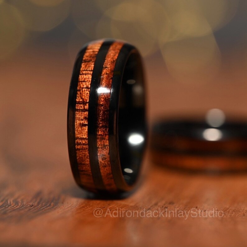 8mm Double Channel Black Tungsten Band, Koa Wood ring, Wood Inlay ring, wood band, nature inspired ring, Wood Mens ring, Wood Womans Ring, Nature Wedding Ring - Premium Custom Jewelry from Adirondack Inlay Studio LLC - Just $119! Shop now at Adirondack Inlay Studio LLC