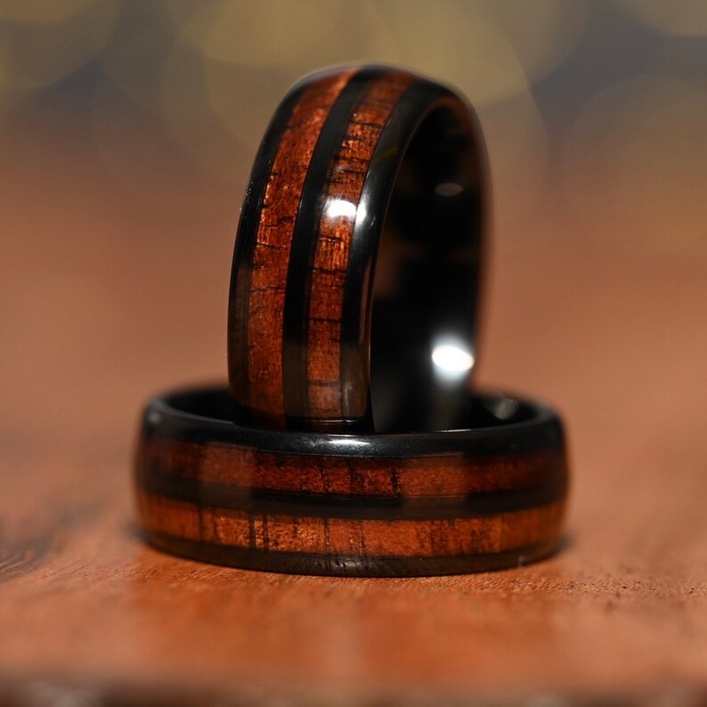 8mm Double Channel Black Tungsten Band, Koa Wood ring, Wood Inlay ring, wood band, nature inspired ring, Wood Mens ring, Wood Womans Ring, Nature Wedding Ring - Premium Custom Jewelry from Adirondack Inlay Studio LLC - Just $119! Shop now at Adirondack Inlay Studio LLC