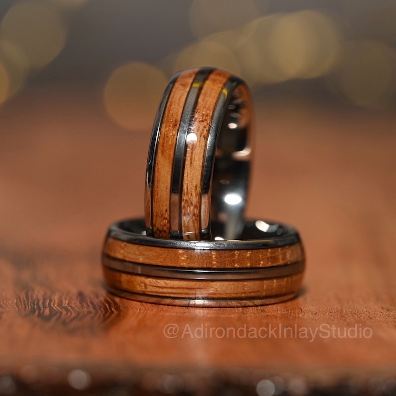 8mm Double Channel Tungsten Band, Whisky Wood Band, Whisky Barrel ring, Whisky Ring, Wood Inlay ring, wood band, Mens Ring, Womans Ring, Wood Wedding Band - Premium Custom Jewelry from Adirondack Inlay Studio LLC - Just $119! Shop now at Adirondack Inlay Studio LLC