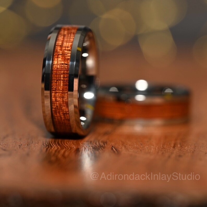 8mm Tungsten Band,  Koa Wood ring, Wood Inlay ring, wood band, nature inspired ring, Mens wood ring, Womans wood Ring, Wood Wedding Band - Premium Custom Jewelry from Adirondack Inlay Studio LLC - Just $119! Shop now at Adirondack Inlay Studio LLC