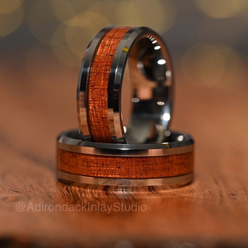 8mm Tungsten Band,  Koa Wood ring, Wood Inlay ring, wood band, nature inspired ring, Mens wood ring, Womans wood Ring, Wood Wedding Band - Premium Custom Jewelry from Adirondack Inlay Studio LLC - Just $119! Shop now at Adirondack Inlay Studio LLC