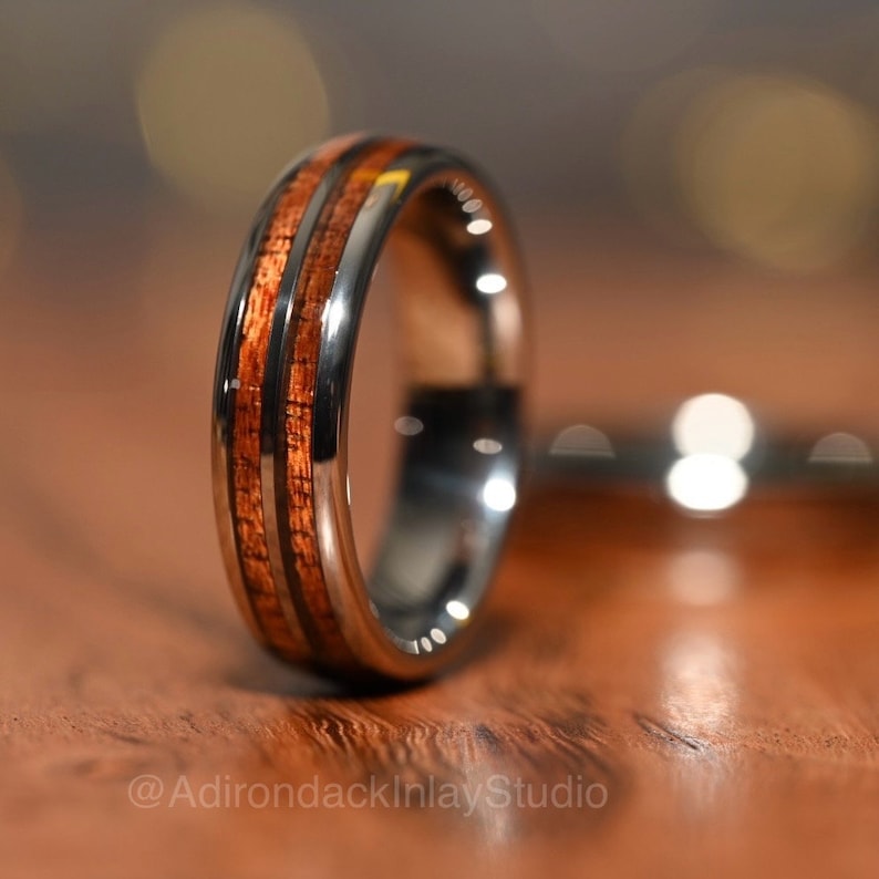 6mm Double Channel Tungsten Band, Koa Wood ring, Wood Inlay ring, wood band, nature inspired ring, Mens Ring, Womans Ring, Alternative Wedding Band - Premium Custom Jewelry from Adirondack Inlay Studio LLC - Just $119! Shop now at Adirondack Inlay Studio LLC