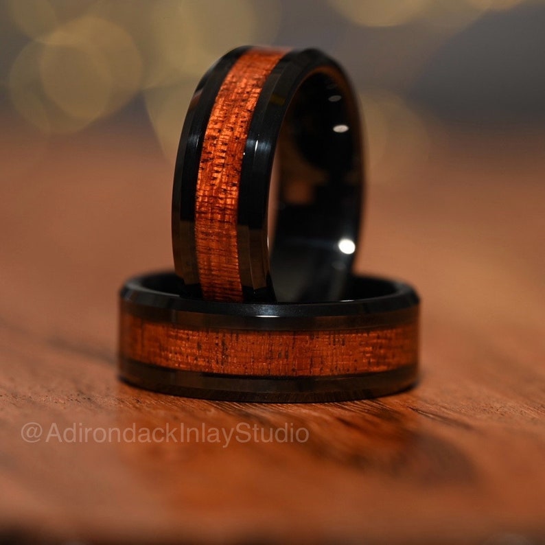 8mm Black Tungsten Band,  Koa Wood ring, Wood Inlay ring, wood band, nature inspired ring, Mens wood ring, Womans wood Ring, Alternative Wedding Ring - Premium Custom Jewelry from Adirondack Inlay Studio LLC - Just $119! Shop now at Adirondack Inlay Studio LLC