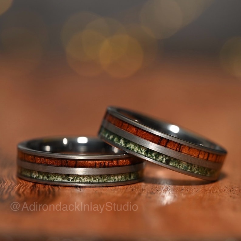 6mm Double Channel Tungsten Band, Moss Agate and Koa Wood Band, Moss Agate ring, Wood Ring, Gemstone Inlay ring, Wood band, Mens Ring, Womans Ring, Wedding Band - Premium Custom Jewelry from Adirondack Inlay Studio LLC - Just $119! Shop now at Adirondack Inlay Studio LLC