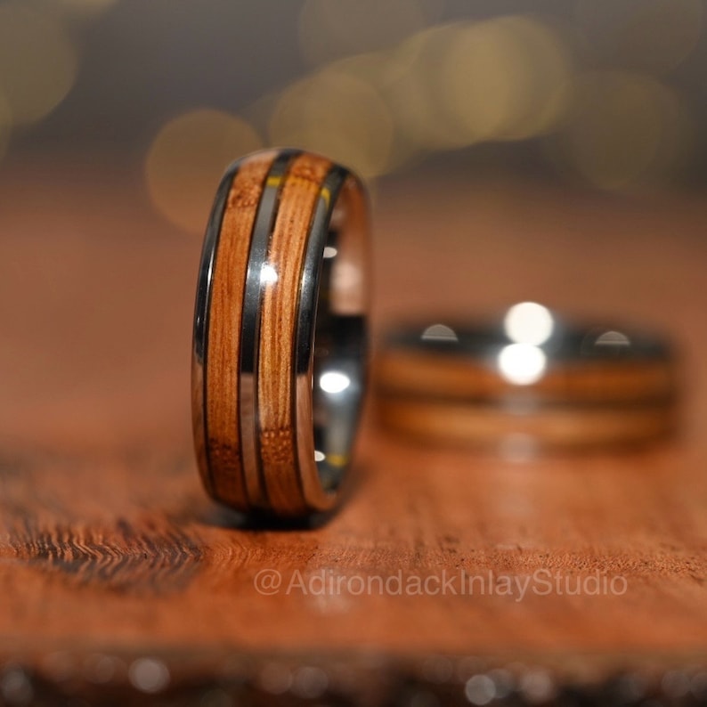 8mm Double Channel Tungsten Band, Whisky Wood Band, Whisky Barrel ring, Whisky Ring, Wood Inlay ring, wood band, Mens Ring, Womans Ring, Wood Wedding Band - Premium Custom Jewelry from Adirondack Inlay Studio LLC - Just $119! Shop now at Adirondack Inlay Studio LLC