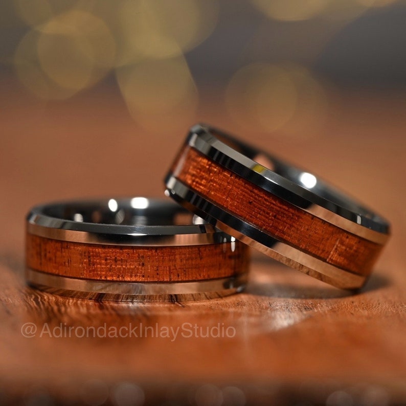 8mm Tungsten Band,  Koa Wood ring, Wood Inlay ring, wood band, nature inspired ring, Mens wood ring, Womans wood Ring, Wood Wedding Band - Premium Custom Jewelry from Adirondack Inlay Studio LLC - Just $119! Shop now at Adirondack Inlay Studio LLC