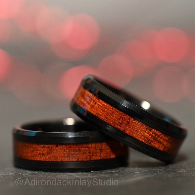 8mm Black Tungsten Band,  Koa Wood ring, Wood Inlay ring, wood band, nature inspired ring, Mens wood ring, Womans wood Ring, Alternative Wedding Ring - Premium Custom Jewelry from Adirondack Inlay Studio LLC - Just $119! Shop now at Adirondack Inlay Studio LLC