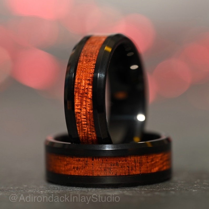 8mm Black Tungsten Band,  Koa Wood ring, Wood Inlay ring, wood band, nature inspired ring, Mens wood ring, Womans wood Ring, Alternative Wedding Ring - Premium Custom Jewelry from Adirondack Inlay Studio LLC - Just $119! Shop now at Adirondack Inlay Studio LLC