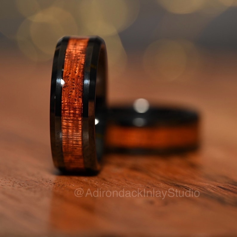 8mm Black Tungsten Band,  Koa Wood ring, Wood Inlay ring, wood band, nature inspired ring, Mens wood ring, Womans wood Ring, Alternative Wedding Ring - Premium Custom Jewelry from Adirondack Inlay Studio LLC - Just $119! Shop now at Adirondack Inlay Studio LLC