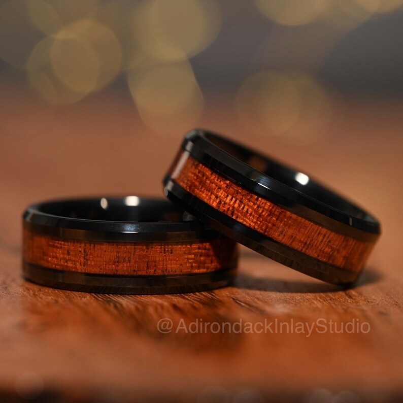 8mm Black Tungsten Band,  Koa Wood ring, Wood Inlay ring, wood band, nature inspired ring, Mens wood ring, Womans wood Ring, Alternative Wedding Ring - Premium Custom Jewelry from Adirondack Inlay Studio LLC - Just $119! Shop now at Adirondack Inlay Studio LLC