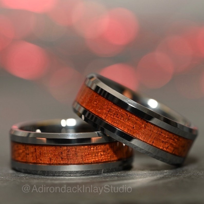 8mm Tungsten Band,  Koa Wood ring, Wood Inlay ring, wood band, nature inspired ring, Mens wood ring, Womans wood Ring, Wood Wedding Band - Premium Custom Jewelry from Adirondack Inlay Studio LLC - Just $119! Shop now at Adirondack Inlay Studio LLC