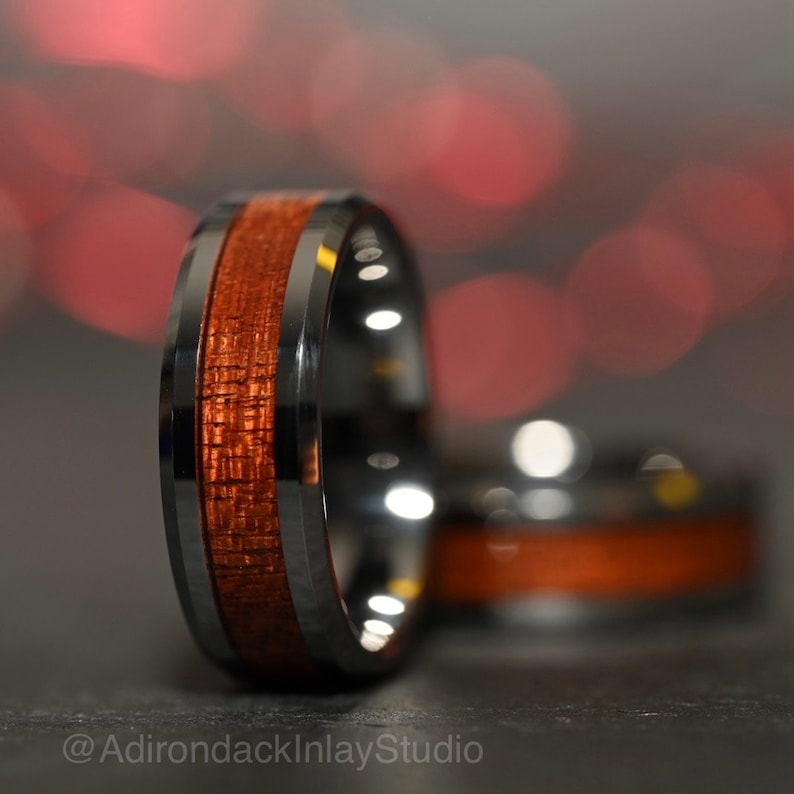 8mm Tungsten Band,  Koa Wood ring, Wood Inlay ring, wood band, nature inspired ring, Mens wood ring, Womans wood Ring, Wood Wedding Band - Premium Custom Jewelry from Adirondack Inlay Studio LLC - Just $119! Shop now at Adirondack Inlay Studio LLC