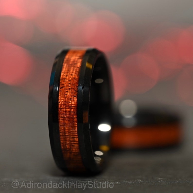 8mm Black Tungsten Band,  Koa Wood ring, Wood Inlay ring, wood band, nature inspired ring, Mens wood ring, Womans wood Ring, Alternative Wedding Ring - Premium Custom Jewelry from Adirondack Inlay Studio LLC - Just $119! Shop now at Adirondack Inlay Studio LLC