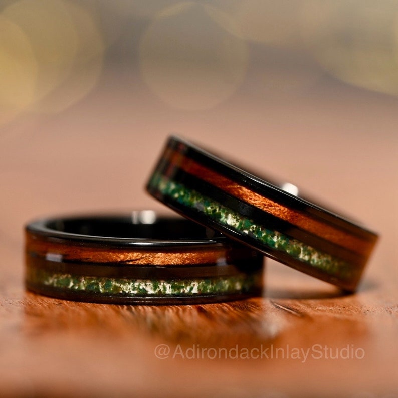 Black 6mm Double Channel Tungsten Band, Moss Agate and Koa Wood Band, Moss Agate ring, Wood Ring, Gemstone Inlay ring, Wood band, Mens Ring, Womans Ring, Wedding Band - Premium Custom Jewelry from Adirondack Inlay Studio LLC - Just $119! Shop now at Adirondack Inlay Studio LLC