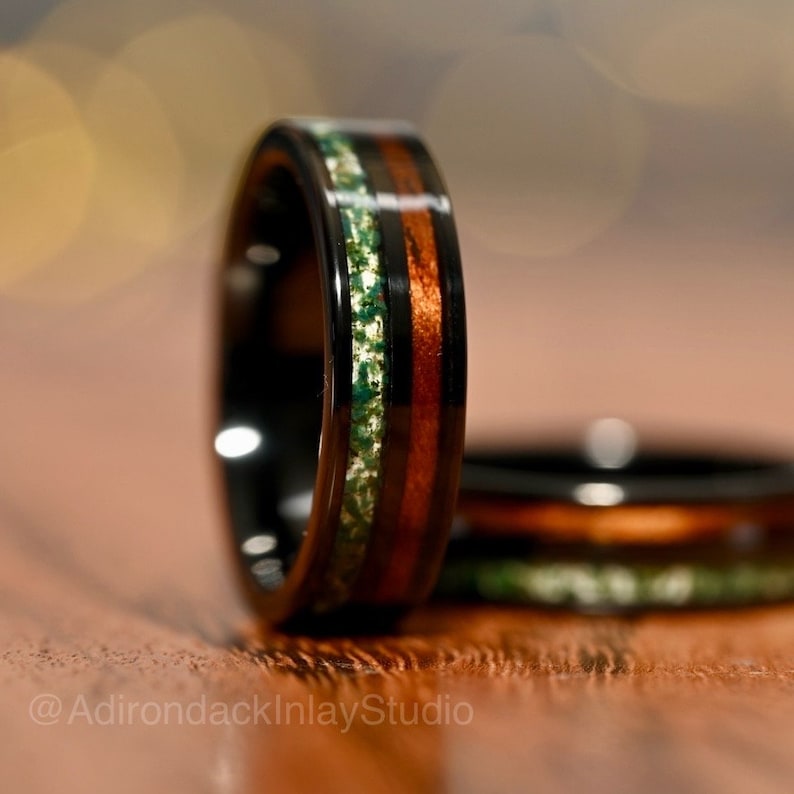 Black 6mm Double Channel Tungsten Band, Moss Agate and Koa Wood Band, Moss Agate ring, Wood Ring, Gemstone Inlay ring, Wood band, Mens Ring, Womans Ring, Wedding Band - Premium Custom Jewelry from Adirondack Inlay Studio LLC - Just $119! Shop now at Adirondack Inlay Studio LLC