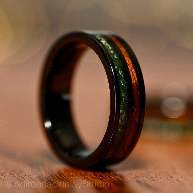 Black 6mm Double Channel Tungsten Band, Moss Agate and Koa Wood Band, Moss Agate ring, Wood Ring, Gemstone Inlay ring, Wood band, Mens Ring, Womans Ring, Wedding Band - Premium Custom Jewelry from Adirondack Inlay Studio LLC - Just $119! Shop now at Adirondack Inlay Studio LLC