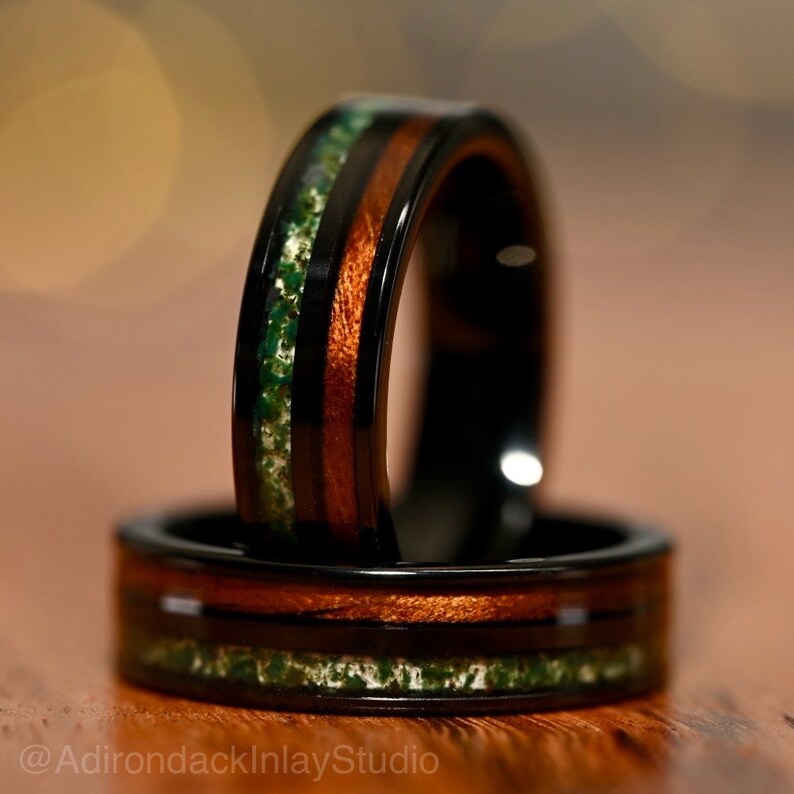 Black 6mm Double Channel Tungsten Band, Moss Agate and Koa Wood Band, Moss Agate ring, Wood Ring, Gemstone Inlay ring, Wood band, Mens Ring, Womans Ring, Wedding Band - Premium Custom Jewelry from Adirondack Inlay Studio LLC - Just $119! Shop now at Adirondack Inlay Studio LLC