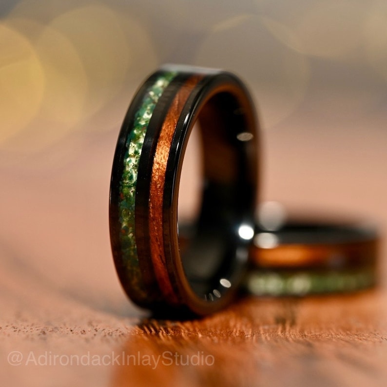 Black 6mm Double Channel Tungsten Band, Moss Agate and Koa Wood Band, Moss Agate ring, Wood Ring, Gemstone Inlay ring, Wood band, Mens Ring, Womans Ring, Wedding Band - Premium Custom Jewelry from Adirondack Inlay Studio LLC - Just $119! Shop now at Adirondack Inlay Studio LLC