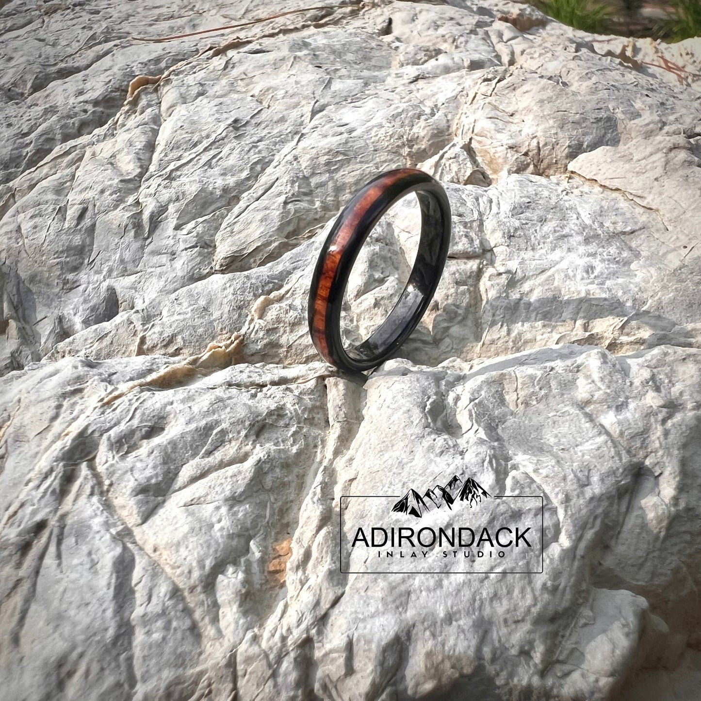 Slim 4mm Koa wood Black Tungsten Carbide Band - Premium Custom Jewelry from Adirondack Inlay Studio LLC - Just $114! Shop now at Adirondack Inlay Studio LLC